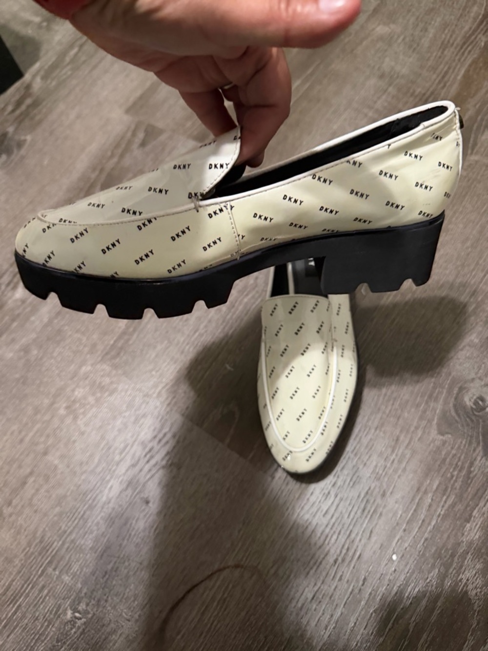 DKNY Cream Logo Slip-On Loafers with Chunky Black Lug Sole size 8 or 38.5